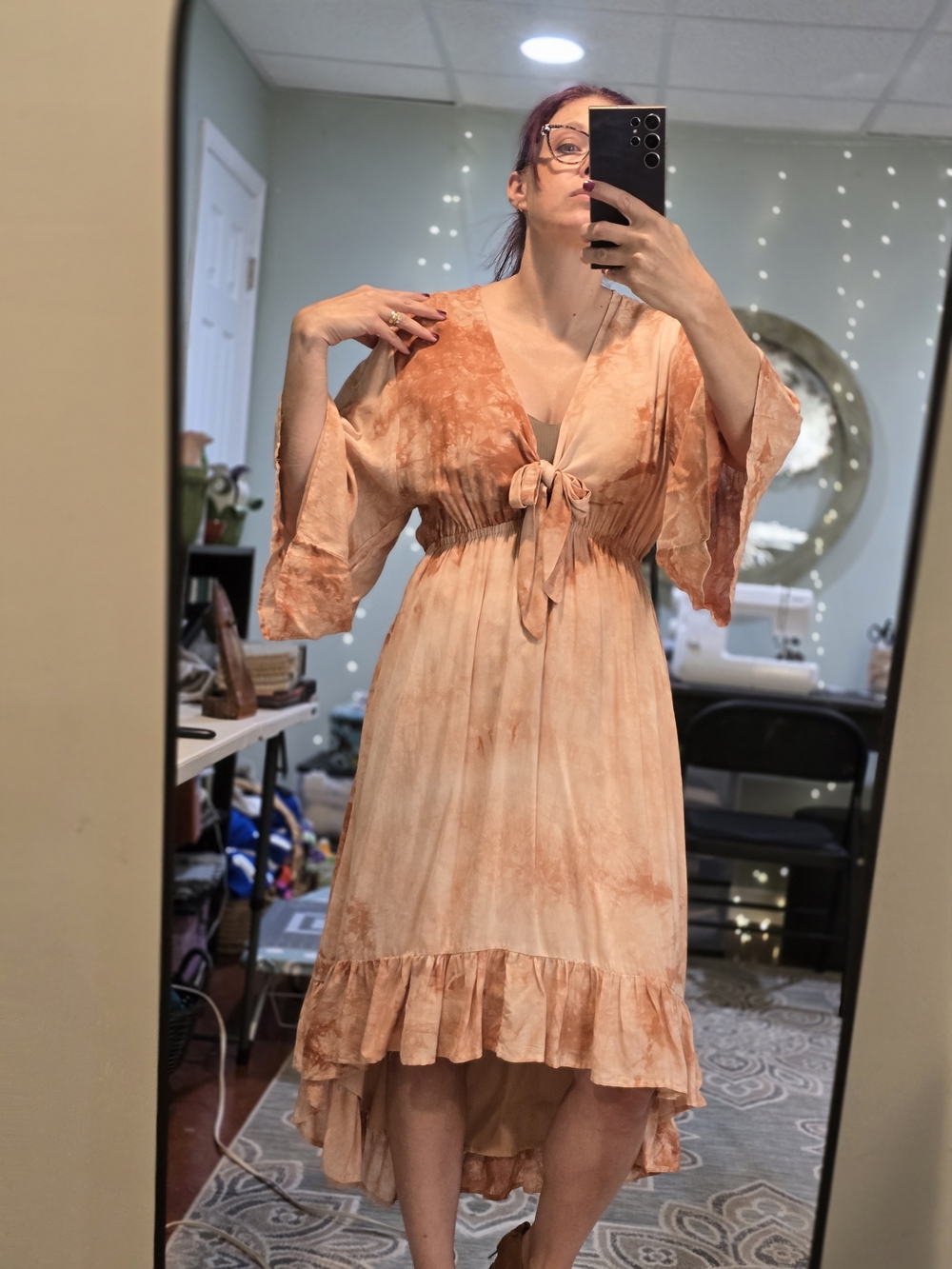 Sophia Peach Tie-Front Midi Dress